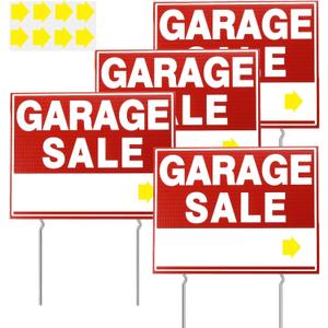 4 Packs Garage Sale Signs with Metal Stake 17" x 13" Double Sided Sign Garage Moving Signage Yard Sign, Weather-proof, Red, Corrugated Plastic