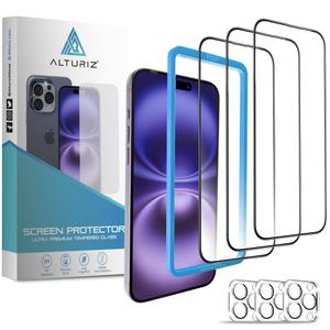 ALTURIZ 3 Screen Protectors for iPhone 15 Pro [6.1 inch] + 3 Camera Lens Protectors with Easy Installation Frame. [9H Hardness] Bubble-Free, Case Friendly, Tempered Glass, Full Coverage, Shatterproof [3+3 Pack]