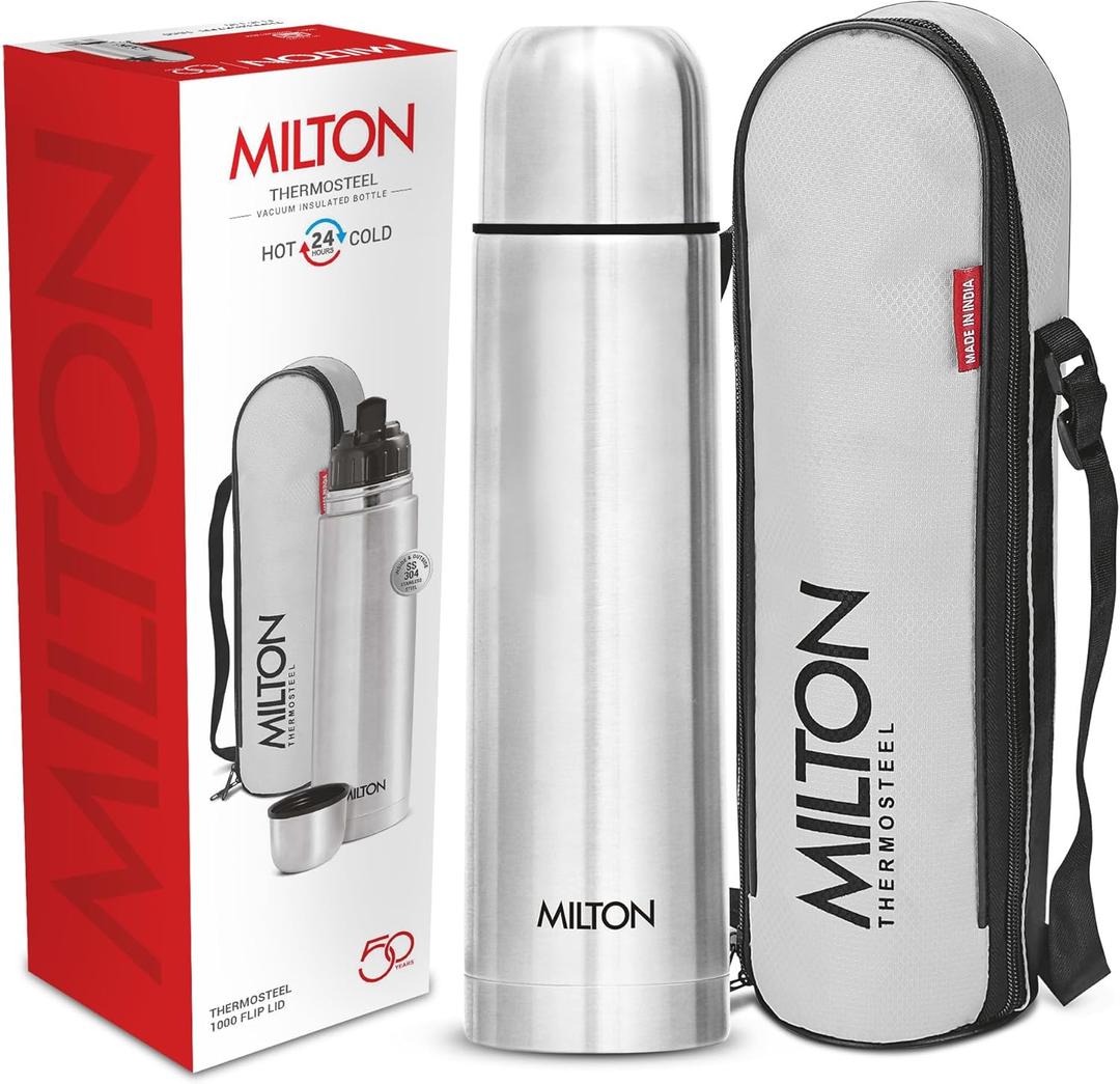Milton Thermosteel Flip Lid 1000, Double Walled Vacuum Insulated Thermos 1000 ml | 34 oz | 1 Ltr | 24 Hours Hot and Cold Water Bottle with Cover, Stainless Steel, BPA Free,Leak Proof | Silver