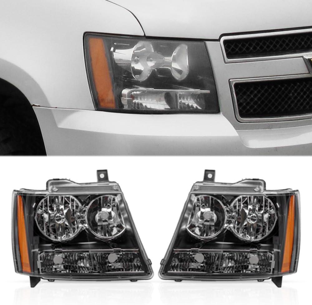 2pcs Set Headlight Assembly Headlamp Replacement for 2007-2014 Chevrolet Suburban Tahoe Avalanche Black Housing Amber Corner Left and Right GM2502263 GM2503263
