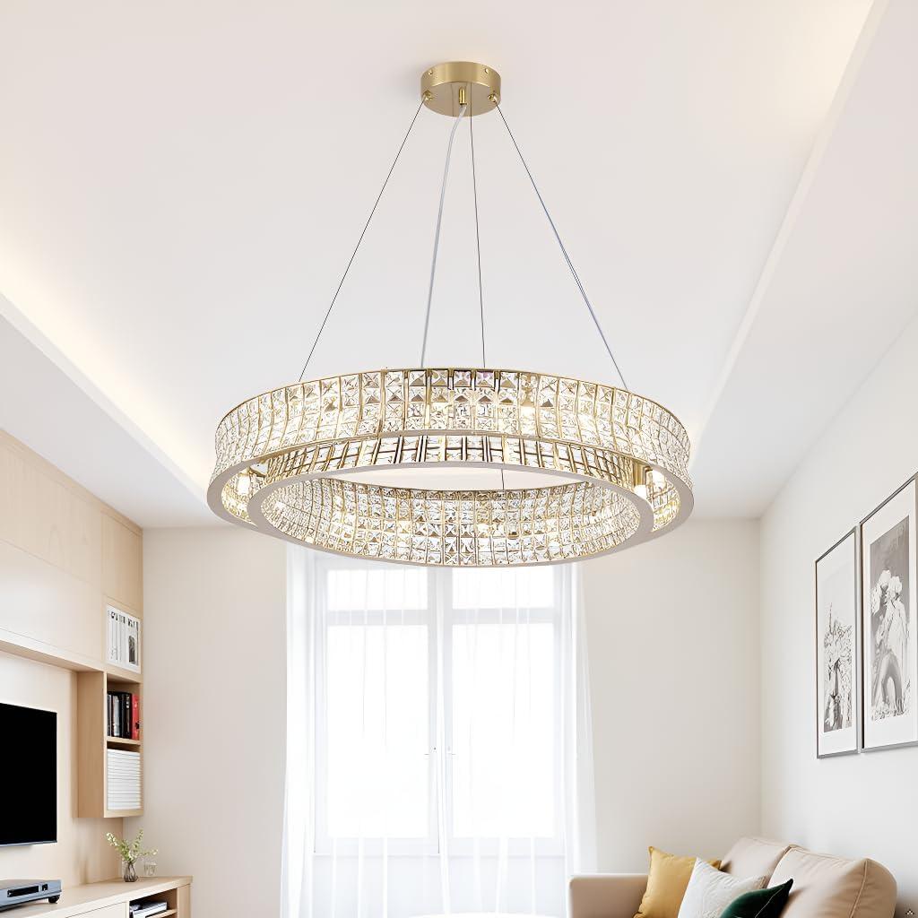 Modern Crystal Chandelier Round 16-Light Contemporary Hanging Ceiling Light Fixture Copper/Brass Finish with Rectangular Crystals Dining Room Living Room Bedroom Entryway Lighting Easy Install 31.5''