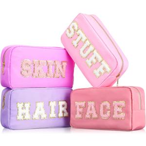 4 Pcs Preppy Makeup Bags Chenille Letter Stuff Bag Nylon Cosmetic Pouch Cases with Zipper for Women Travel Toiletry