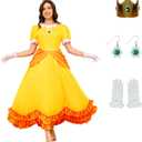 Princess Dresses for Women Princess Cosplay Halloween Full Set with Crown Earrings Gloves (US Size) (Small, Yellow)