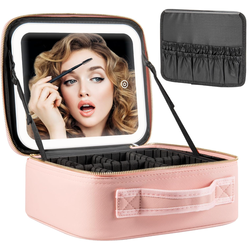Extrei Gent Makeup Travel Train Case with Mirror LED Light 3 Adjustable Brightness Large Cosmetic Bag Portable Storage Adjustable Partition Waterproof Makeup Brushes Make up Jewelry Gift for Women