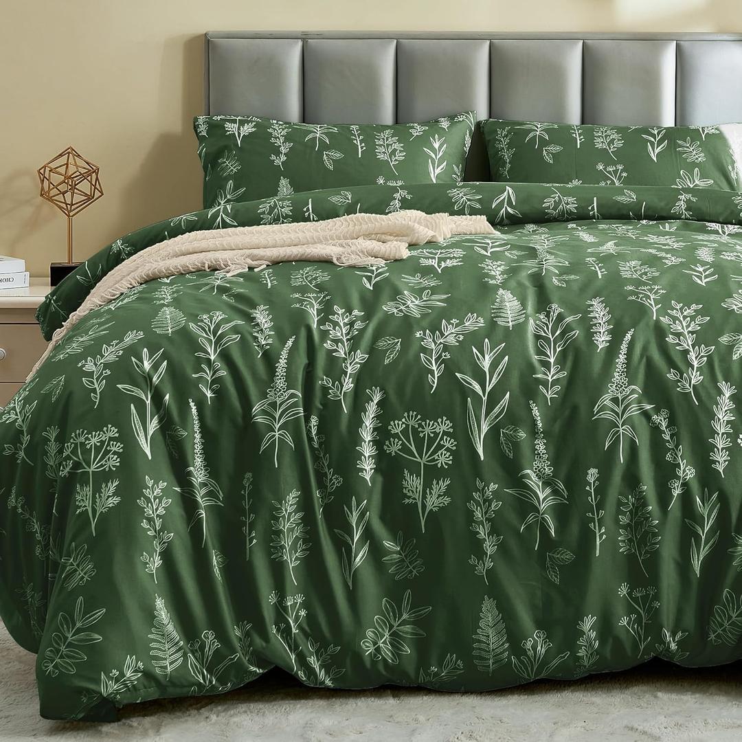 MUXHOMO Duvet Cover Queen Size, Reversible Floral Dark Green Duvet Cover Set with Zipper Closure, 3 Pieces Botanical Patterns Soft Microfiber Bedding Set with 4 Ties (90"x90", 2 Pillow Cases) (01- Dark Green Leaves (No Comforter))