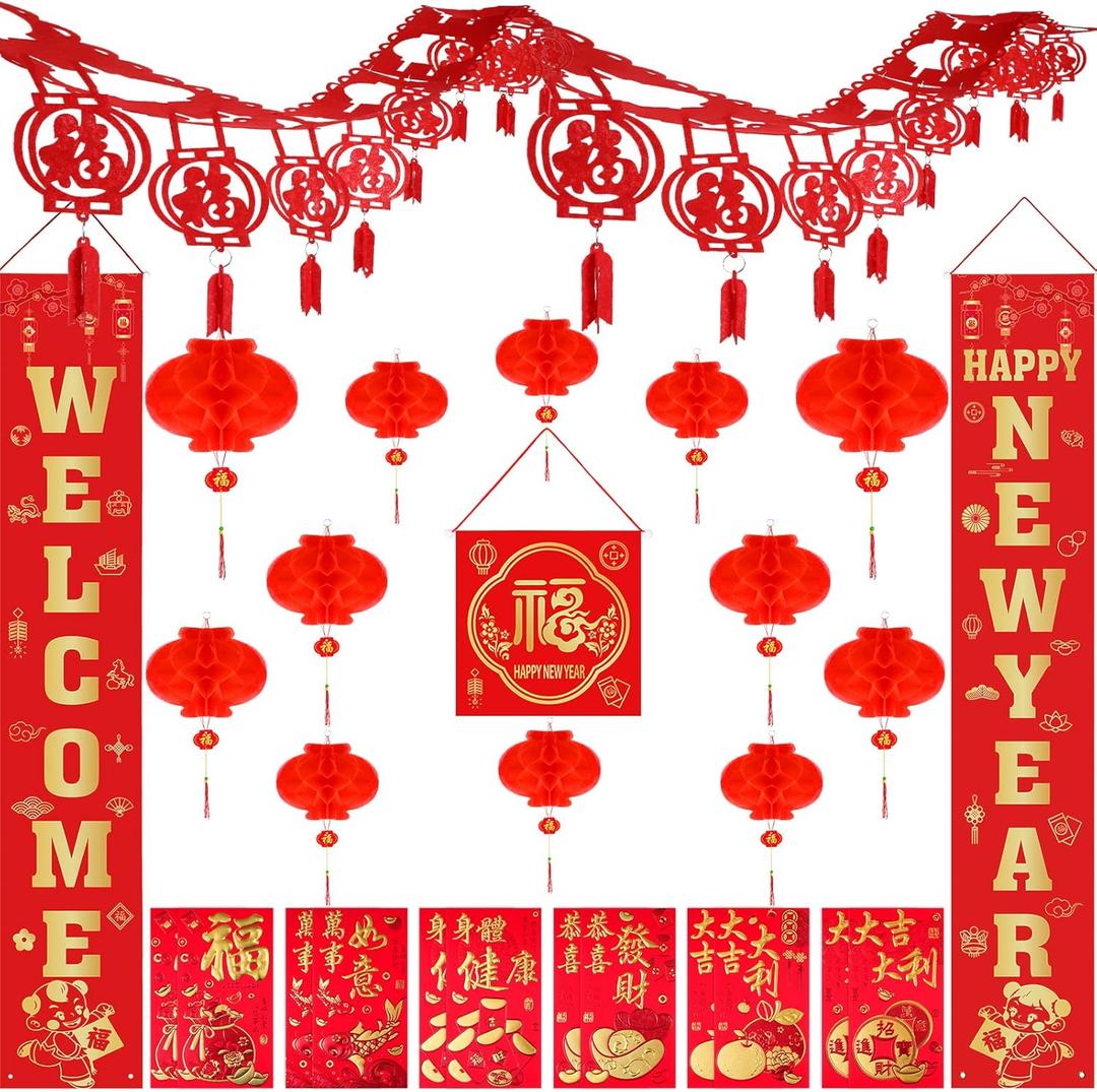 Tatuo 28 Pcs Chinese New Year Decorations 2026 Set Include 1 Pair Lunar New Year Couplets Chunlian 1 Fu Character 12 Red Lanterns 1 Good Luck Garland 12 Red Envelopes for Spring Festival Decorations
