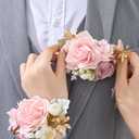 Rose Pink Corsage and Boutonniere Set for Wedding Prom(Set of 2),Artificial Flower Wrist Corsage Bracelets for Women Homecoming,Boutonniere for Men Suit Decorations Party Anniversary