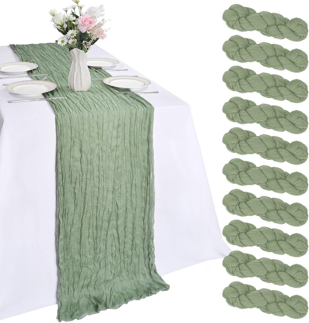 10 Pack Sage Green Table Runner 10ft Cheesecloth Table Runner 120 Inch Gauze Boho Rustic Sheer Cheese Cloth for Banquet Picnic Baby Shower Party Wedding Holiday Dcor