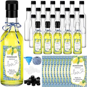Reallnaive 30 Sets 5 oz Mini Limoncello Glass Bottles with Italian Lemon Stickers Lids and Funnel Capri Lemon Party Favors for Homemade Brewing Beverages Amalfi Coast Wedding Holiday DIY Craft