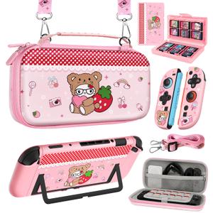 Gurgitat 6in1 Kits Accessories Bundle for Nintendo Switch 2 2025 - Cute Carrying Case, Protective Cover, Joy Con Grips, Thumb Grips, 24 Game Holder, Shoulder Strap Teens Boys Girls, Strawberry