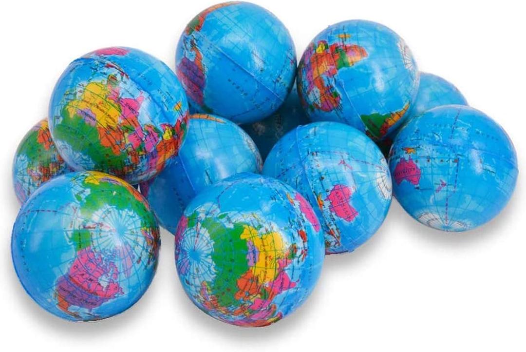 24 Pack Squeezable World Stress Balls for Kids Mini Earth Ball - Pressure Relieving Health Balls Globe Pattern Balls, School, Classroom, Party Favors, (2.5-inch Globe, Blue)