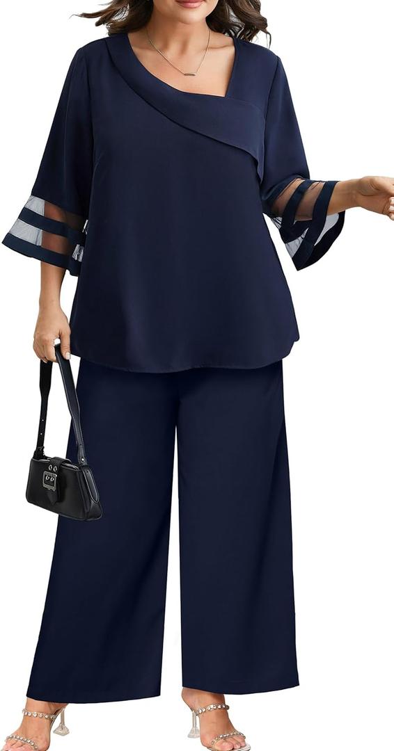 AOVDE Plus Size Pant Suits 2 Piece Casual Dressy Pantsuits Mesh Panel Bell Sleeve Outfits for Women Evening Dinner Party (Blue)