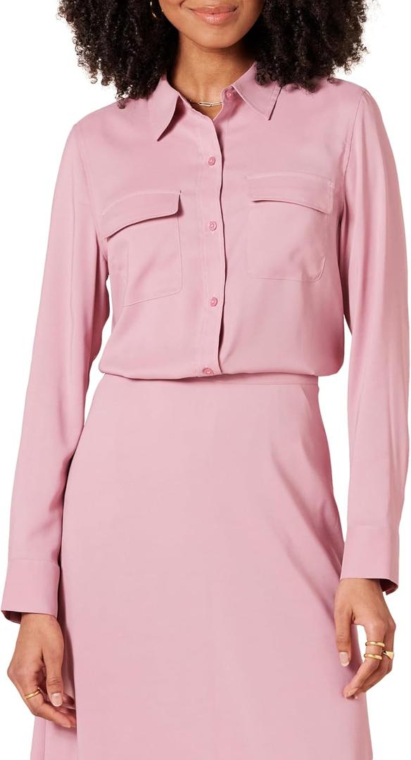 Amazon Essentials Women's Georgette Long Sleeve Relaxed-Fit Pockets Shirt (Pink, XS)