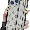 Compatible with iPhone 16 Pro Max Case Luxury Designer for Women Girls,Rectangle Leather with Wristband Strap Kickstand Holder Protective Cover for 16 Pro Max - 6.9 inch(White)