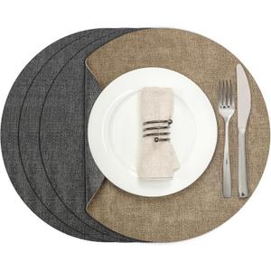 Myir JUN Round Dual-Sided Placemats, Faux Leather Set of 4 for Indoor and Outdoor Dining Tables, Non-Slip Washable Table Mats (Gray Beige)