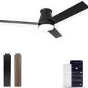 52-Inch Flush Mount Ceiling Fan, Smart Low Profile Ceiling Fan With Light, Matte Black 6-Speed With Remote/App, Dimmable, for Patios, Bedroom, Living Room