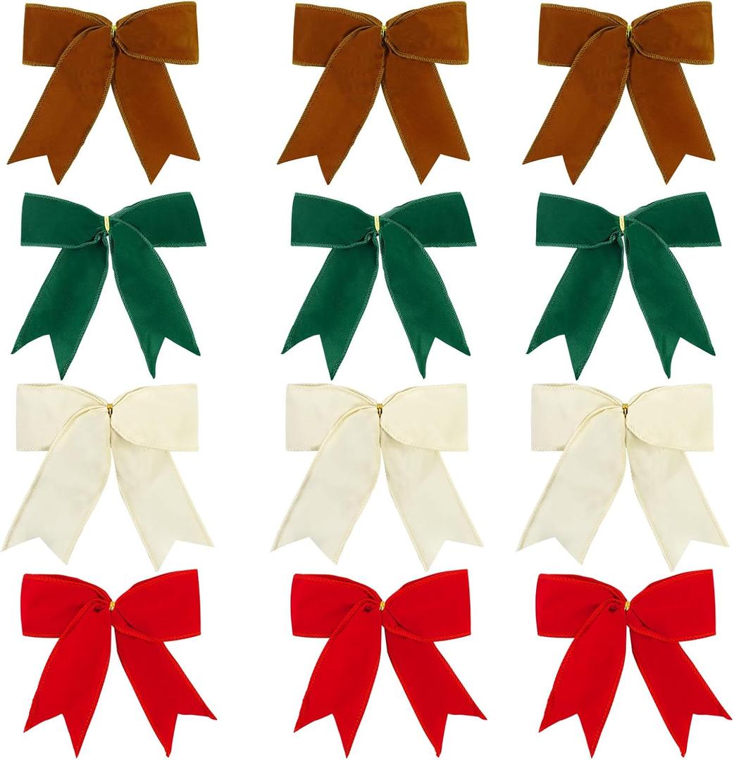 12 Pcs Velvet Bows for Christmas Tree 6 Inch, Vintage Christmas Bows Holiday Ornaments Wreath Gift Bow for Garland DIY Craft Wrapping Decor (Red, Khaki, Brown, Green)