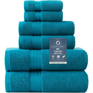 COZYART Crystal Teal/Peacock Blue Bath Towel Set for Bathroom Soft Absorbent Durable 650 GSM Turkish Cotton Towel Set of 6, 2 Large Bath Towels, 2 Hand Towels, 2 Washclothes