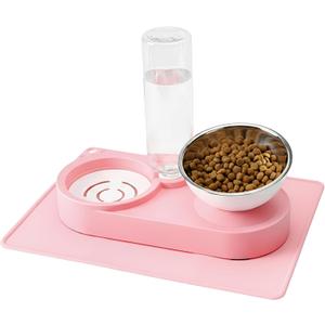 Double Elevated Dog Cat Food Water Bowls, Stainless Steel Cat Food Water Bowl with No-Spill Mat, Raised Tilted Dishes for Indoor Kitten, Puppies, Small or Medium Size Dogs Cats, Pink