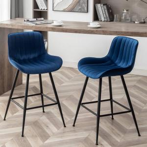 Bar Stools Set of 2 - Luxury Bar Stools Counter Height Barstool 24 Inch Seat Height Upholstered Velvet Barstool Set of 2 Blue Counter Stools for Kitchen Island, Home Counter, Bar Pub (Blue)., Large