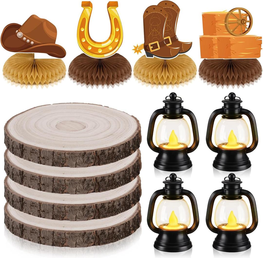 12Pcs Western Party Decorations Western Table Decor Mini Cowboy Lantern Candle Wooden Plate Wild West Boot Hat Honeycomb Centerpieces for Cowboy Theme Birthday Wedding Party Favor Baby Shower Supplies