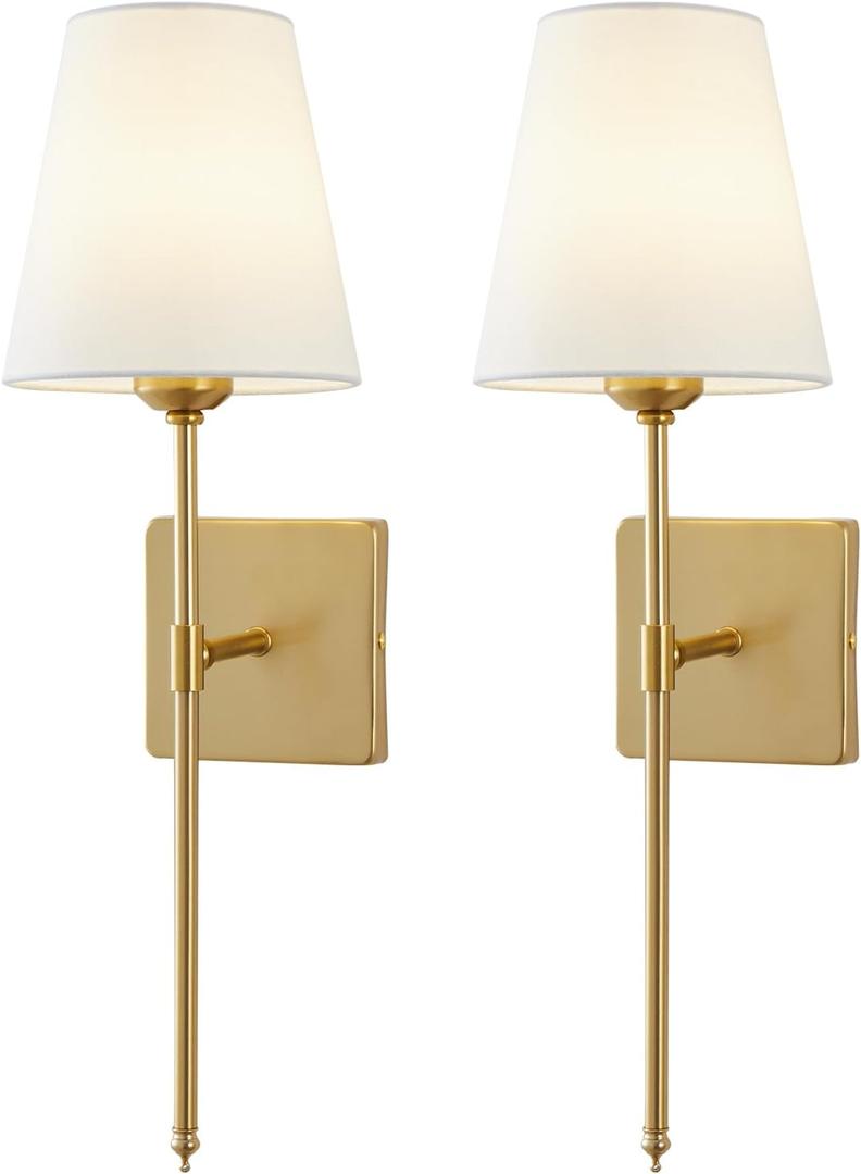 Wall Sconces Sets of 2, White Fabric Shades Wall Sconces, Hardwired Retro Industrial Wall Lamps, Bathroom Vanity Sconces Wall Lighting, Wall Mounted Lamps for Bedroom Living Room Kitchen Mirror (Gold)