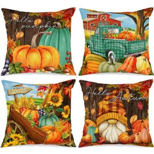 Ywlake 20x20 Fall Pillow Covers Set of 4, Pumpkin Gnomes Decorative Holiday Pillow Case 20 Inch Autumn Cushion Covers Thanksgiving Pillowcase for Indoor Home Bedroom Couch Sofa Decor