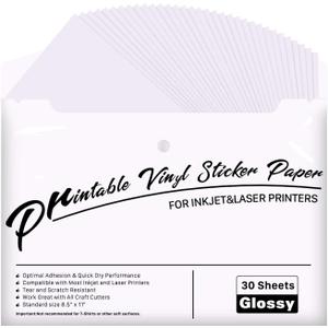 JANDJPACKAGING Printable Vinyl for Inkjet & Laser Printer - 30 Pack Printable Vinyl Sticker Paper Glossy White - Standard Letter Size 8.5"x11"