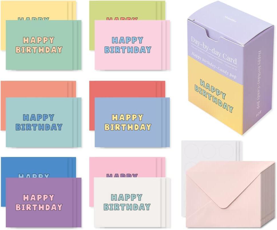 Monolike Day-by-day Card, Happy birthday-Candy pop - Mix 36 Mini Single cards, 36 envelopes, 36 stickers Package