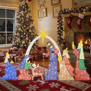 6 FT Lighted Outdoor Christmas Decoration Nativity Scene, Pre-Lit Holy Family Set with 235 LED Warm Lights, Holy Family Nativity Scene for Christmas Holiday Lawn Garden Yard (B)