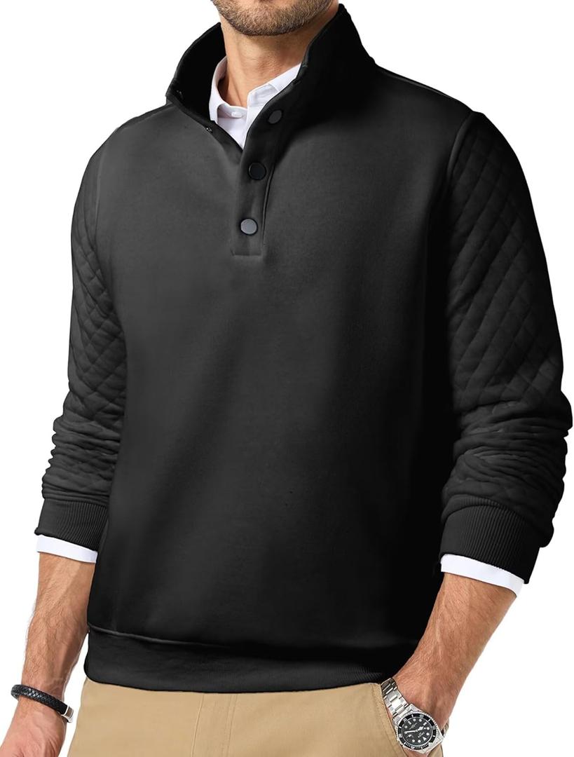 Quilted Sweatshirts for Men Quarter Button Pullover Sweater Casual Mock Neck Thermal Fleece Pullover Sweatshirt (Large, Black)