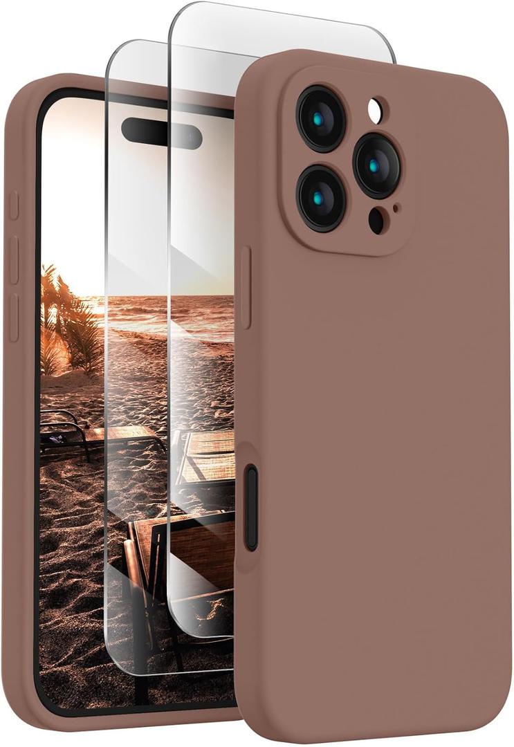 FireNova Designed for iPhone 16 Pro Case, Silicone Upgraded [Camera Protection] Phone Case with [2 Screen Protectors], Soft Anti-Scratch Microfiber Lining Inside, 2024, Light Brown
