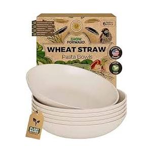 Grow Forward Premium Wheat Straw Pasta Bowls - 42oz Unbreakable Wide & Shallow Dinner Plate Bowls Set of 6 - Microwave Safe Reusable Plastic Pasta Bowls for Kids, Adults, Salad, Camping, RV - Sahara