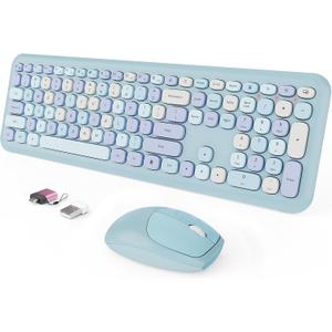 Wireless Keyboard and Mouse Combo, Colorful Ergonomic Full Size Retro Low-Noise Keyboard with Cute keycaps, Compatible with Windows, PC, Perfer for Home and Office Keyboards (Blue)