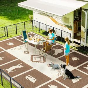 FXW Camping Rug, 10' x 14' Large Waterproof Portable RV Mat, Easy-to-Clean Straw Plastic Mat for Outdoor, Patio, Backyard, Deck, Picnic, Beach, Trailer, Brown & Beige