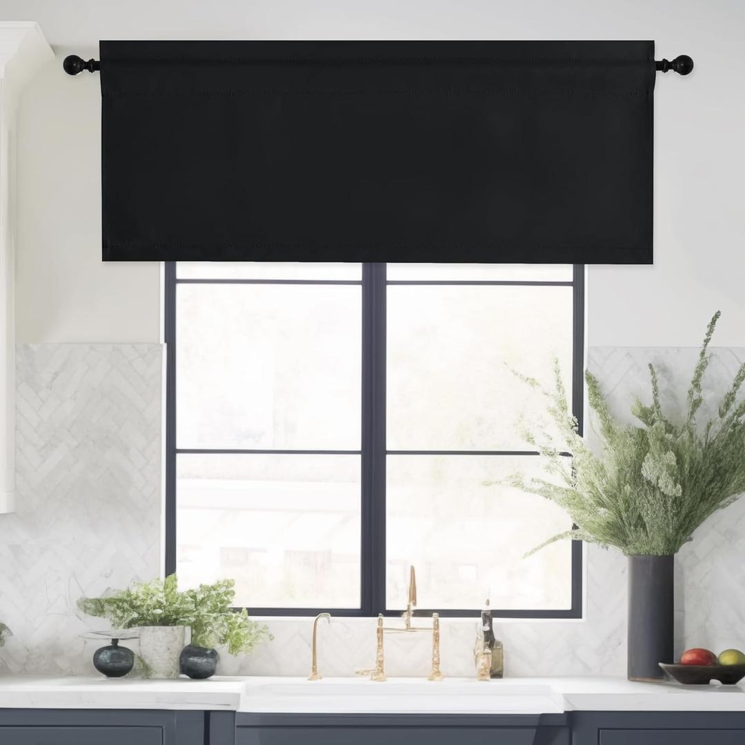 NICETOWN Black Blackout Valance Rod Pocket Thermal Insulated Window Covering Solid Short Curtain for Small Window Bedroom Living Room Topper Decor, 42 x 16 Inches Length, 1 Panel, Black