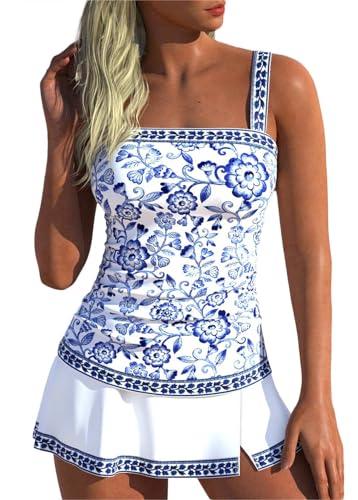 ROSEWE Womens Tummy Control Tankini Bathing Suits, Two Piece Ruched Swimsuits, Floral Print Swimdress with Skirt.XXL