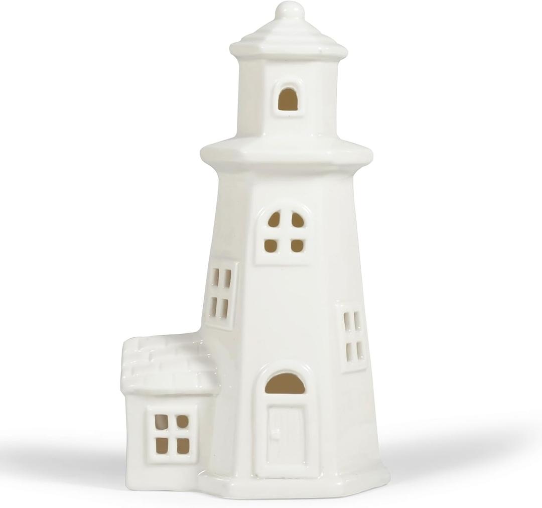 Luxstyra White Ceramic Christmas Houses Lighthouse Lamp, Small Figurines for Ceramic Christmas Village,Light Up Xmas Houses with Timer, Xmas Lighthouse Decoration for Table Bookshelf Desk