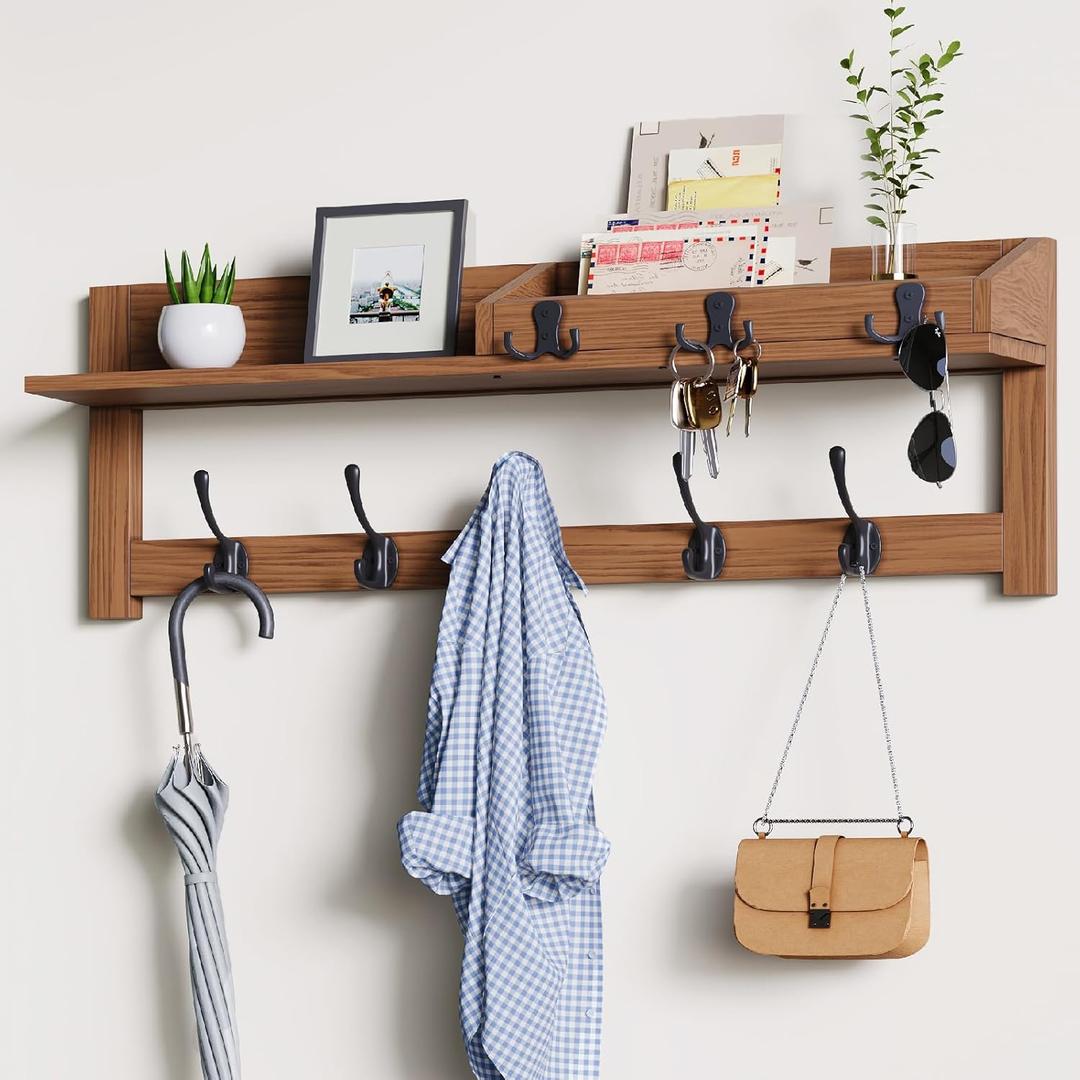 Coat Rack Wall Mount with Shelf, Wooden Entryway Wall Mounted Hanging Coat Hanger with 5 Hooks and 3 Key Hook for Bedroom, Wood 24 Inch Clothes Racks with Shelves, Key Holder, Mail Storage Organizer (Brown)