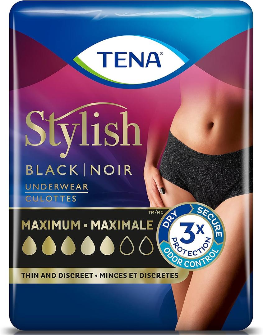 Tena Women Underwear Stylish Black XL Maximum 14 Ct.