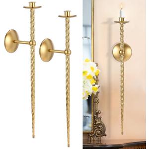 Metal Wall Candle Sconces Set of Two Mount Holders - Modern Home Decor for Living Room, Bedroom, Dining Room, Office (23.5 Inch, Gold)