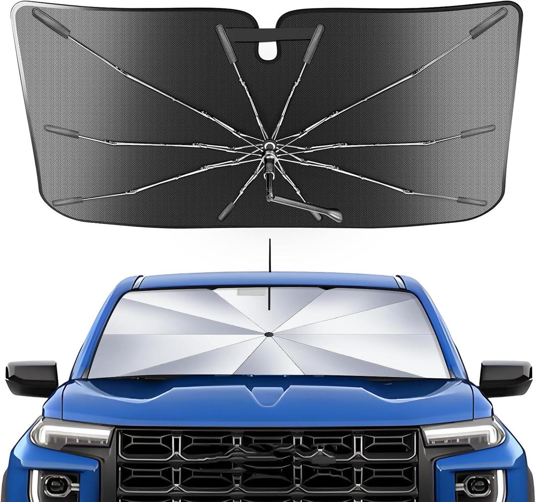 Portable Windshield Sunshade Umbrella for Chevrolet Silverado/GMC Sierra 1500 2500 3500 2019-2025, 2 in1 Ice Crystal Durable Compact Shade Umbrella UPF50+ UV Front Window Heat Insulation Protection