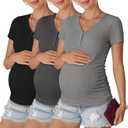 3 Pack Womens Maternity Shirts Short Sleeve Cotton Ribbed V Neck Pregnancy Clothes Casual Henley Side Ruched Tees (X-Large, Light Heather Gray, Dark Heather Gray, Black)