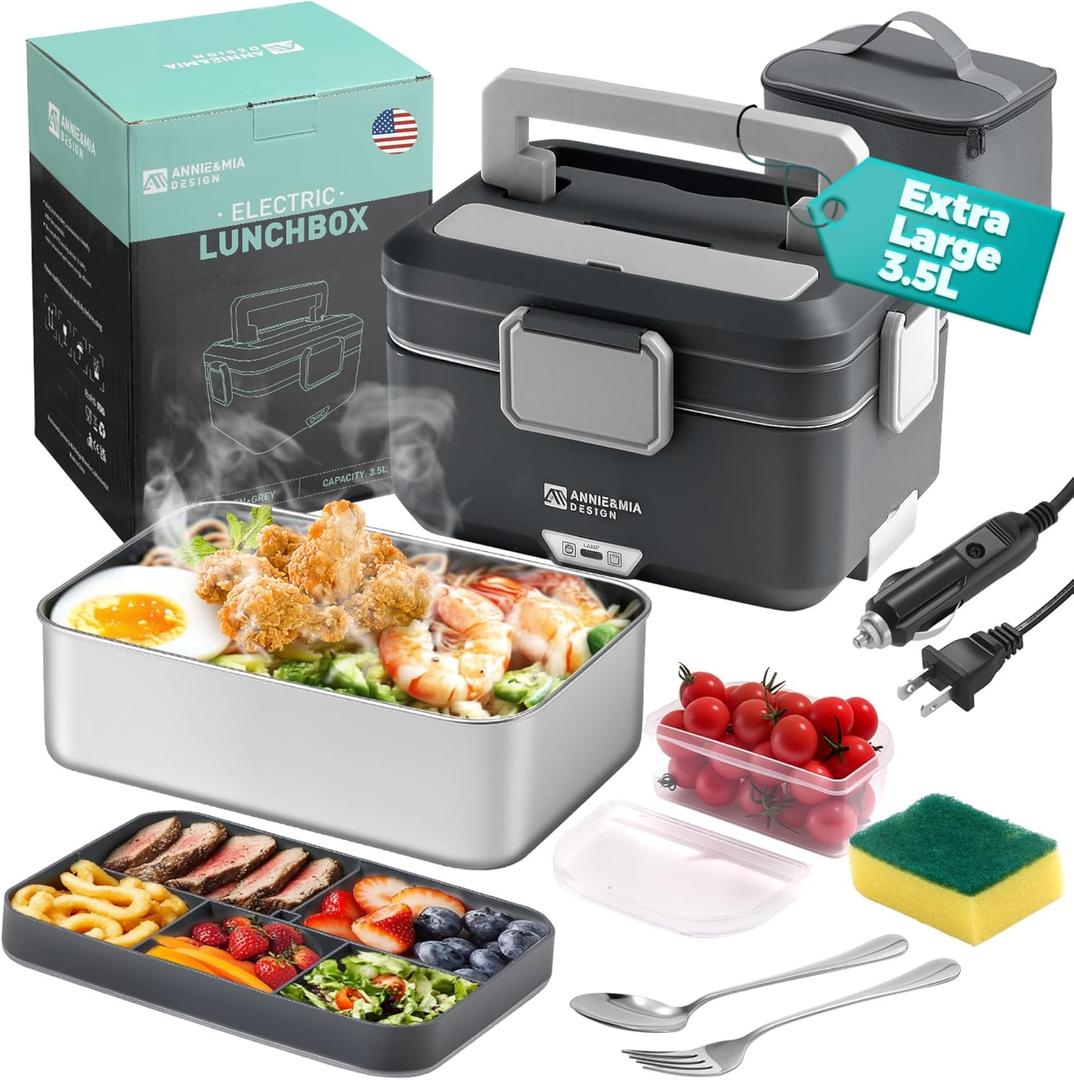 Annie & Mia Design Electric Lunch Box for Adults, 90w 3.5L 2-Layer Portable Food Warmer, Dual Mode 2.5L + 1 L Heated Lunch Box for Adults, Home/Car/Office/Truck Use