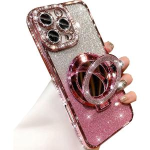 Changjia Magnetic Kickstand Glitter Case for iPhone 16 Pro, [Compatible with Magsafe] Luxury Bling Sparkly Rhinestones with Camera Protector Makeup Mirror Women Girls Case for iPhone 16 Pro 6.3", Pink