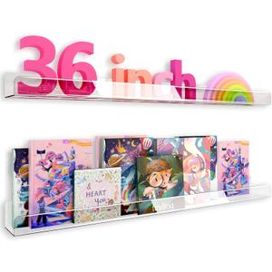 36 Inch 50% Thicker Clear Acrylic Book Shelves, Invisible Kids Wall Bookshelves for Baby Storage Book Rack, Toy Organizer, Book Display, Playroom, Bedroom, Toddler Room, Nursery 2 Packs