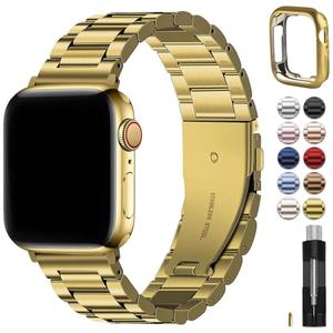 Fullmosa Metal Band Compatible with Apple Watch Bands 45mm 44mm 42mm, iWatch Band with Case for Apple Watch Series 9 8 7 6 5 4 3 2 1 SE3/2/1, Golden