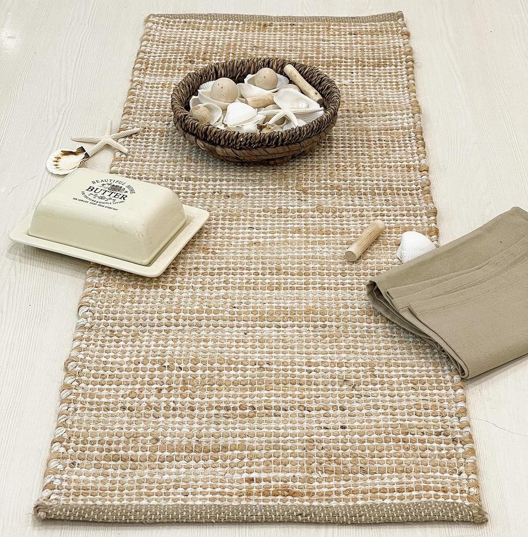 Chardin home Natural Jute Table Runner 13x36 Inch  Vintage Boho Rustic Table Decor  Handwoven Table Runner in Natural Jute and Ivory  Farmhouse Dining or Console Table Accent