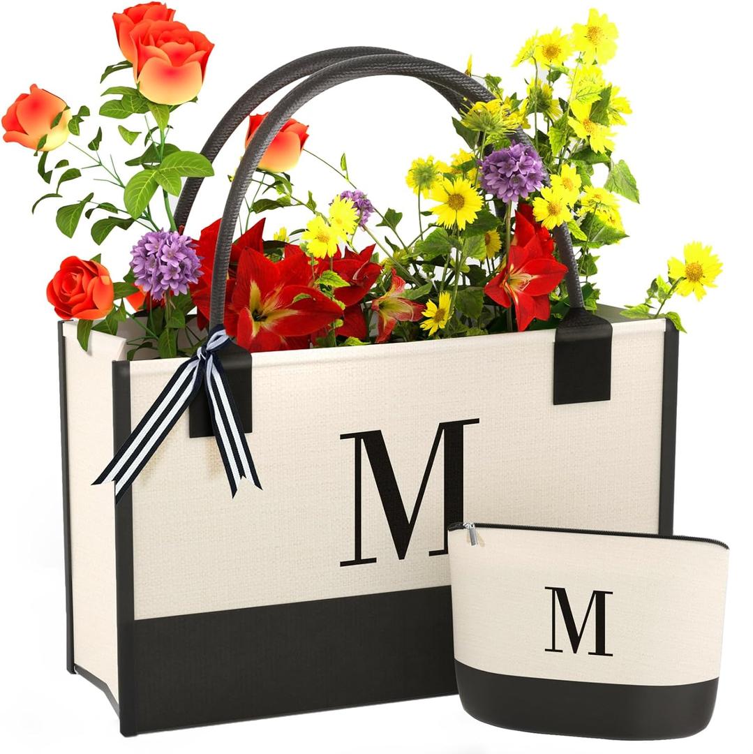 Monogrammed Canvas Tote Bag with Zipper Pockets - Ideal Gift for Mom, Teacher, Sister