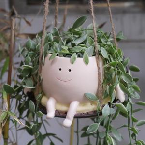 Hanging Swing Chair Planter Pot Resin Smiley Face Planter for Indoor Outdoor Plant Cute Head Flower Pots for String of Pearls Plant Live Unique Gift IdeaI for Mother Day, Christmas (Small) (Beige)
